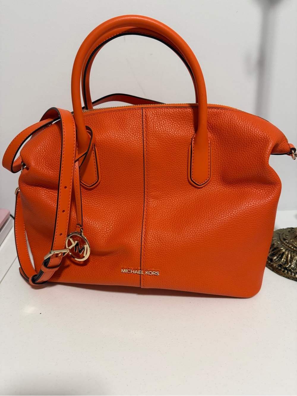 Michael Kors Hyde Large Grained Leather Satchel Bag in Orange Poppy